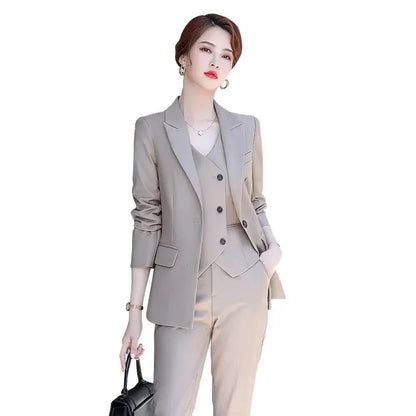 Lady Solid Lapel Blazer Suit Full Sleeve V-neck Single Breasted Straight Leg Pants Suits 2026 Fashion New Office Commute Outfit