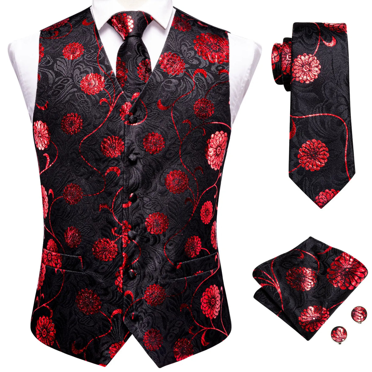 Men's Waistcoat Suit Set with Jacquard Floral Vest, Tie, Hanky & Cufflinks for Wedding and Business