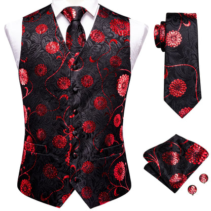 Men's Waistcoat Suit Set with Jacquard Floral Vest, Tie, Hanky & Cufflinks for Wedding and Business
