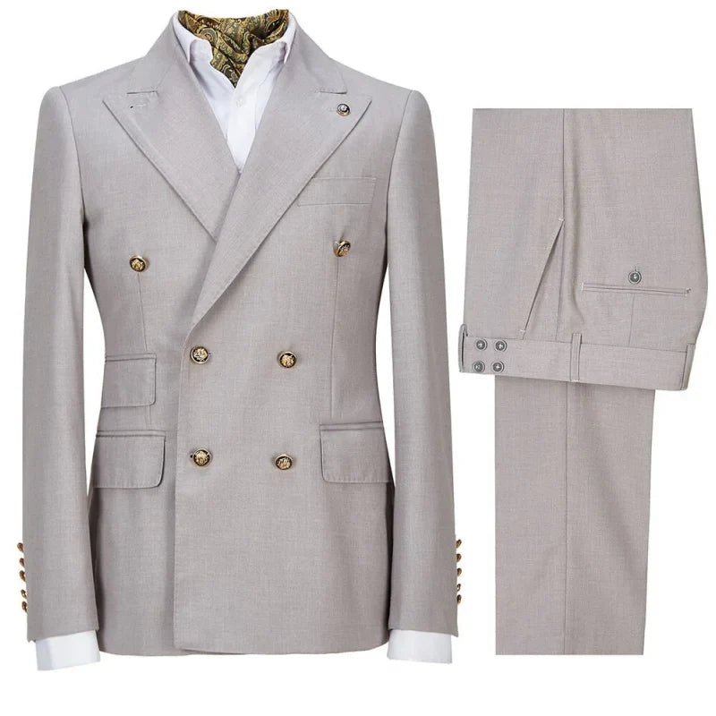 Men Suit 2 Pieces Gray Double Button Solid With Lapel For Wedding Banquet Birthday Party Business Work Set Jacket With Pants