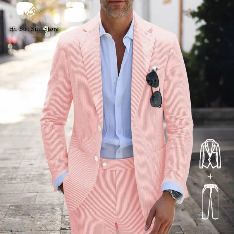 Men's Slim Fit Seersucker 2-Piece Suit Set – Blue Striped Smart Casual & Wedding