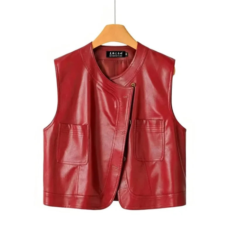 Pu Leather Vest Women Short Sleeveless Jacket 2026 Autumn New Solid Single-breasted Female Imitation Leather Waistcoat Outerwear