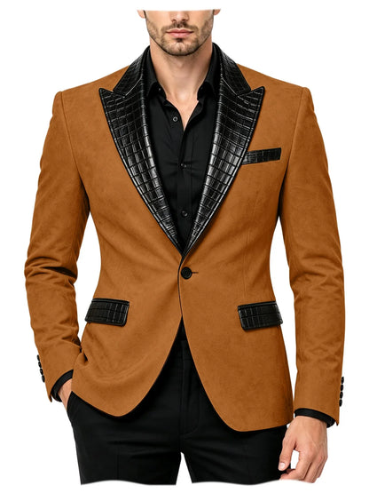 Men's Suede Slim Fit Blazer Jacket Crocodile Pattern Lapel Design Suit Coat Formal Business Prom Wedding Party Tuxedo Outerwear