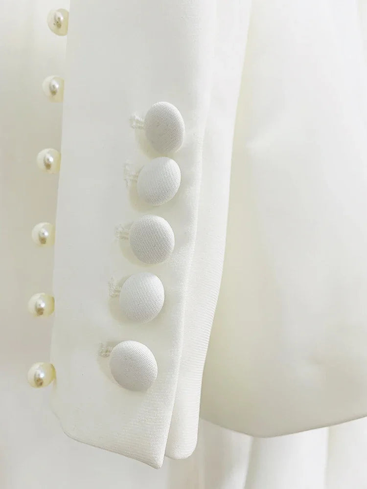 Fashion White Women Pants Sets Elegant Pearls Single Button Peak Lapel 2 Piece Chic Party Formal Solid Suits (Blazer+Pants)
