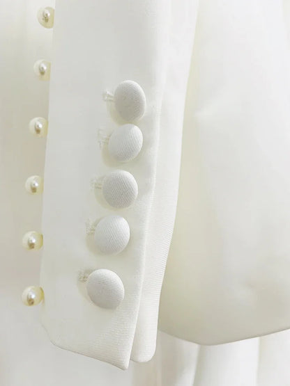 Fashion White Women Pants Sets Elegant Pearls Single Button Peak Lapel 2 Piece Chic Party Formal Solid Suits (Blazer+Pants)