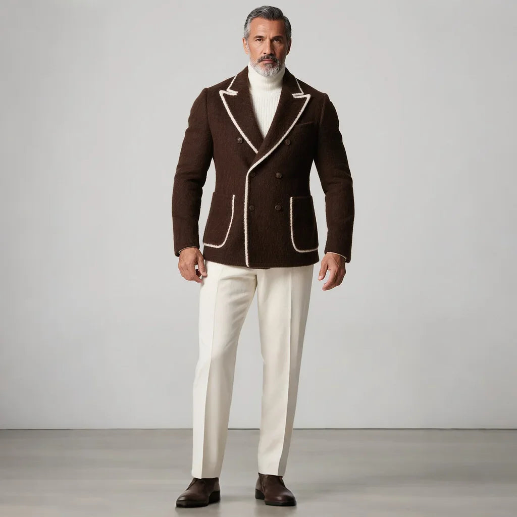 Men's Peak Lapel Double Breasted Long Sleeve Patch Pockets Contrast Binding Fuzzy Blazer