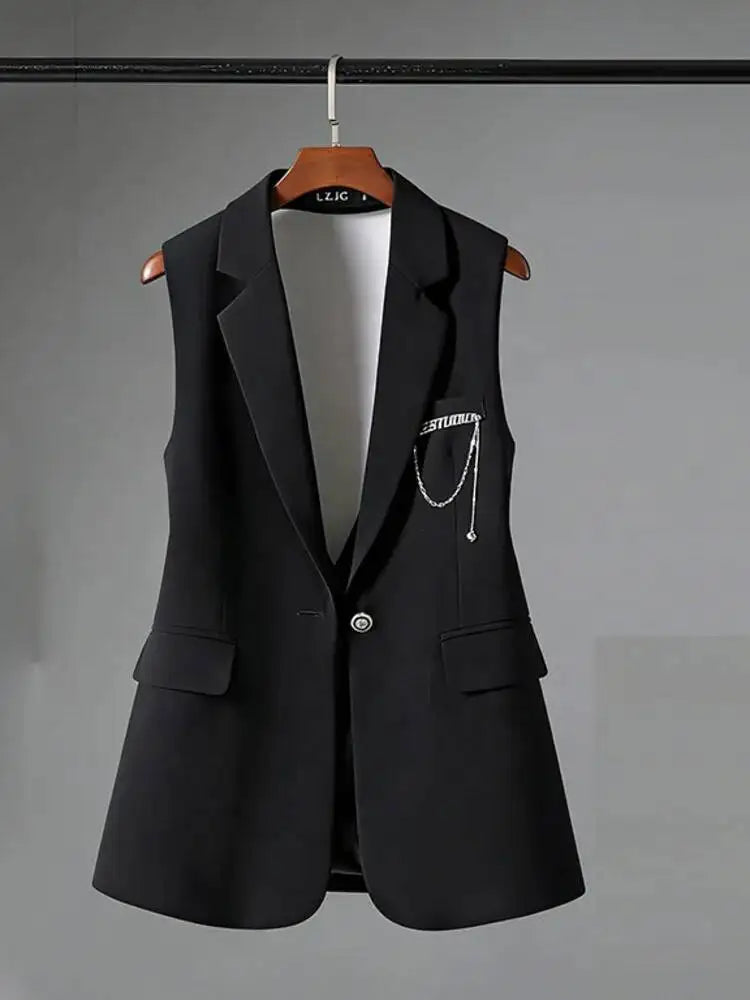 Elegant Slim-Fit Black Sleeveless Blazer Vest Women Backless Bow Tie Chain Decor Formal Office Waistcoat 2026 New