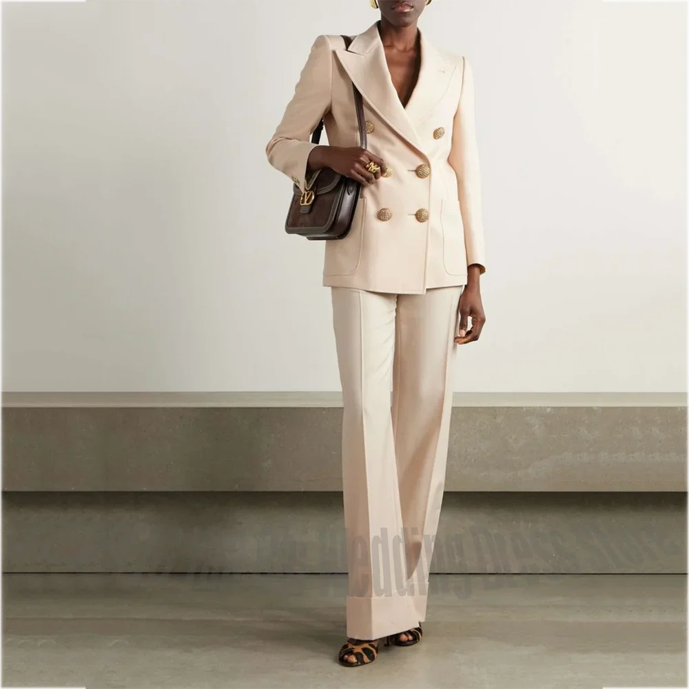 Elegant Women's Suit Two Pieces Straight Double Breasted Office Work Classic Solid Color Formal Outfit Set(Jacket+Pants)