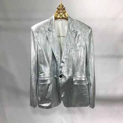 Bar Nightclub Shinny Silver Blue Green Blazer For Male Singer Host Stage Performance Costume Thin Style Slim One Button Coat