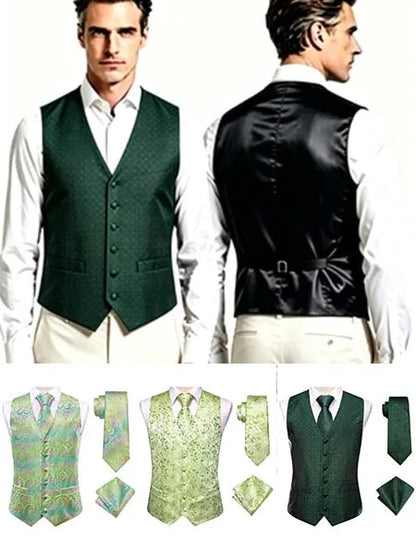 Men's Satin Jacquard Vest 3-Piece Set for Wedding & Banquet – Green