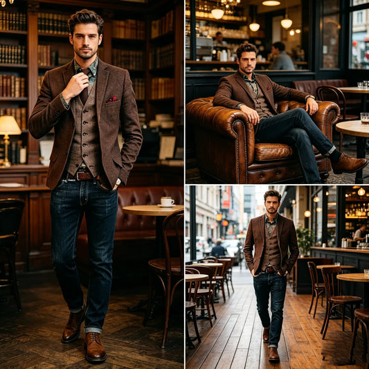 (Only Coat)Men's Suit Brown Herringbone Blazer Prom Tuxedos Wool Tweed Notch Lapel Two Buttons Bussiness/Wedding Jacket Work
