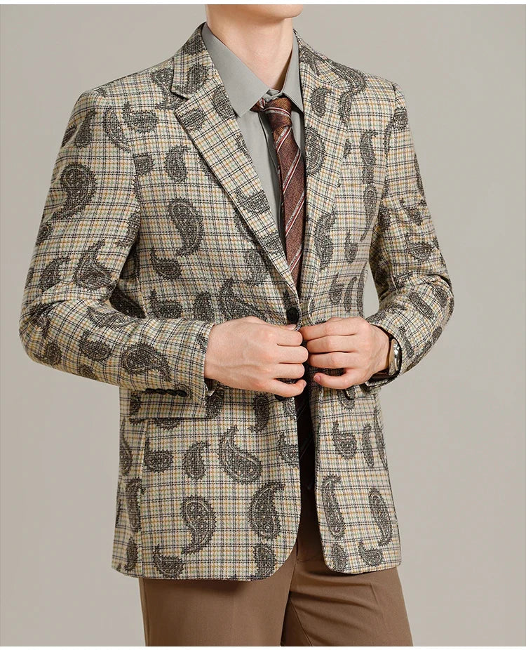 Autumn Winter Cashew Plaid Suit Jacket Men Fashion Casual Embroidered Jacquard Suit Jackets Business Social Party Men Blazers