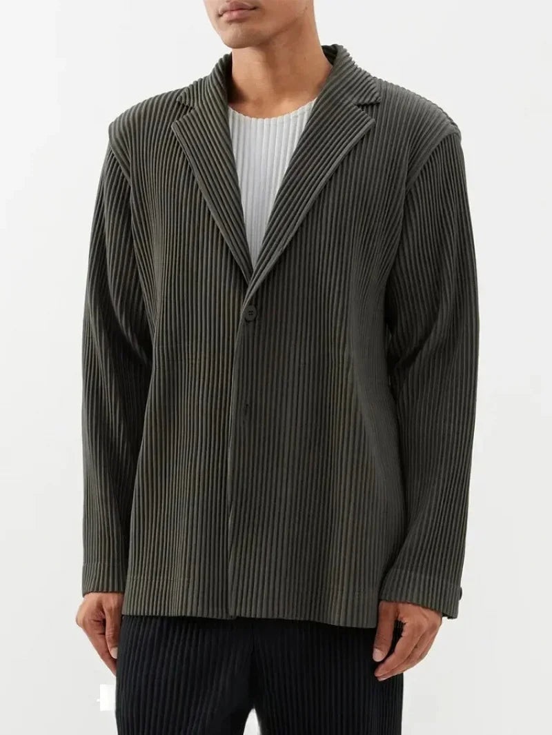 Men's Miyake Pleated Style Blazer Jacket Japanese Casual Stretch Slim Fit Business Office Fashion Luxury Wrinkle Resistant Coat