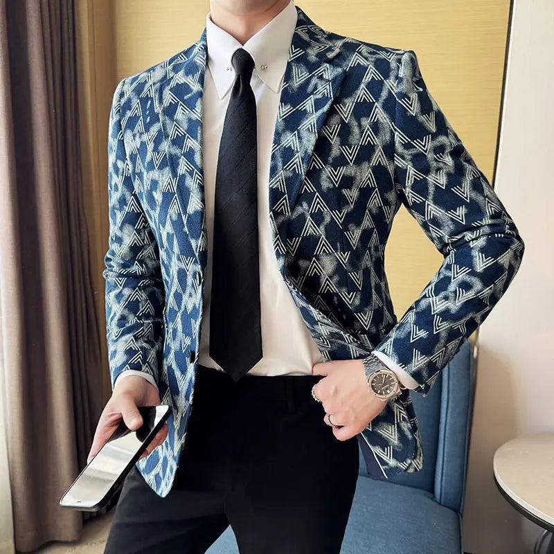 Jacquard Denim Korean Slim Fit Suit Coats 2025 New High Qualitys Fashion Men Slim Fit Business Formal Social Suit Jacket 4XL-M