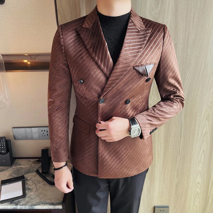 British Style Double Breasted Suit Jacket Men Striped Casual Business Blazers High Quality Wedding Social Banquet Dress Coats