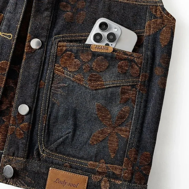Spring Female Fashion Large Pocket Denim Vest Coat Retro Ladies Flocking Sleeveless Outwear Autumn Women Casual Waistcoat Jacket