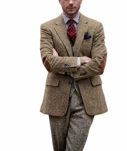 Men's Herringbone Blazer Notched Lapel With Elbow Patches Casual Suit Jacket For Business Wedding Daily Wear Party
