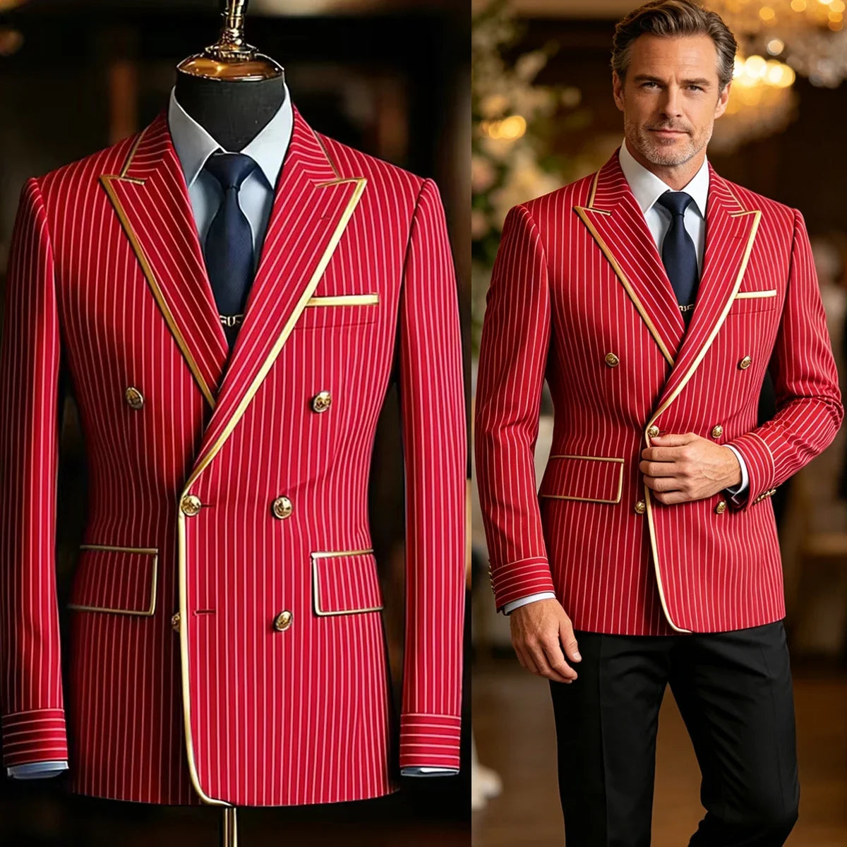 Pinstripe Double Breasted Peak Lapel Mens Suit Jacket Business Slim Fit Gold Trim Striped Coat Formal Wedding Prom Banquet Party