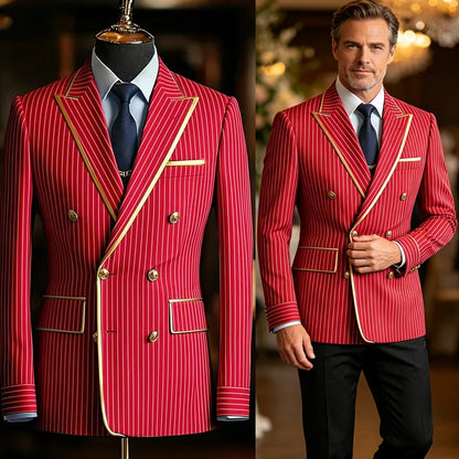 Pinstripe Double Breasted Peak Lapel Mens Suit Jacket Business Slim Fit Gold Trim Striped Coat Formal Wedding Prom Banquet Party