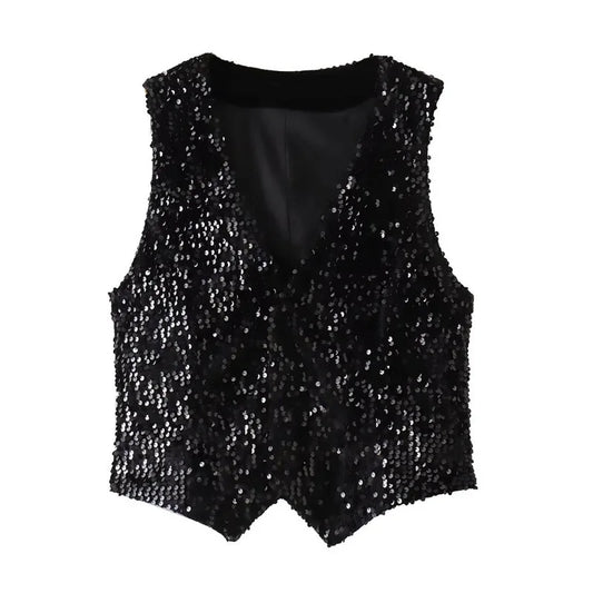New Women's Fashion Versatile Sequin Short Vest Spring Autumn Xiaoxiangfeng Heavy Industry Waistcoat Black Sleeveless Jacket