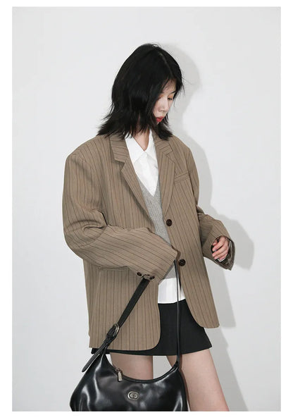 New Women Blazers Single-breasted Loose Casual Retro Striped Office Ladies Suit Jacket Female Coat Spring Autumn 2026