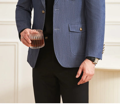 High Quality Men's Denim Style Suit Jacket Vintage Luxury Slim Fit Business Fashion Casual Suit Coat Formal Wedding Tuxedos