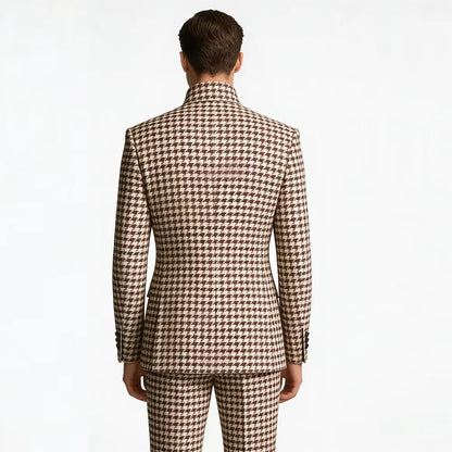 Elegant Men's Houndstooth Suit 2 Piece Mandarin Collar Slim Fit Fashion Jacket Pants Vintage Male Set For Formal Business Weddin