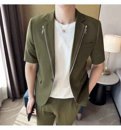 2023 Summer Zipper Decoration Blazers Men Casual Business Suit Jacket Slim Fit 3/4 Sleeve Streetwear Social Jacket Men Clothing
