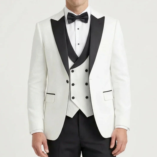 Men Suit 3 Pieces White Black With Lapel For Wedding Banquet Birthday Party Prom Business Official Work Set Jacket Vest Pants