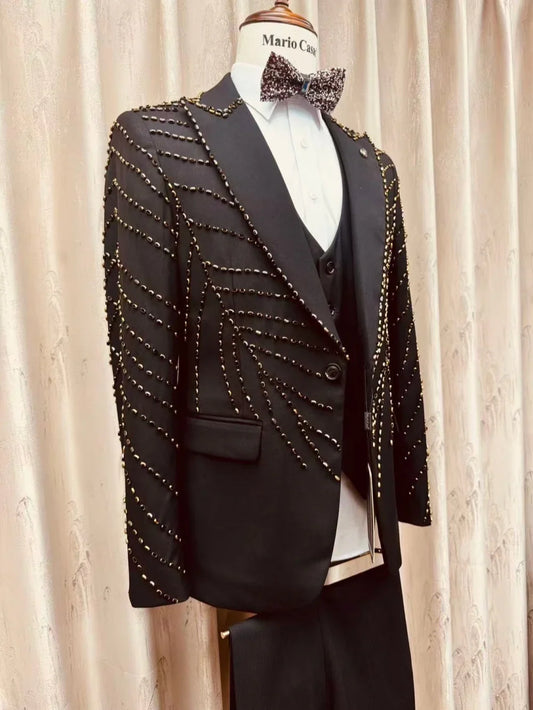 Luxury Black Beaded Men's Suits 3 Pieces Wedding Groom Sets Formal Man Peak Lapel Suit Set Banquet Party Wear Plus Size Tuxedo