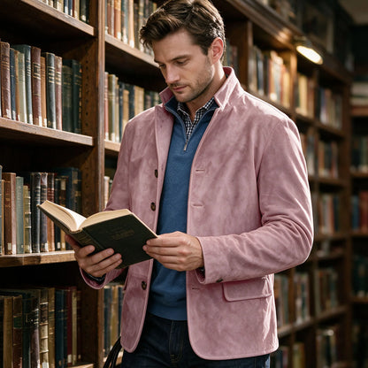 Men's Suede Blazer Single Breasted Slim Fit Classic Stand Collar Suit Jacket for Weddings & Daily Wear