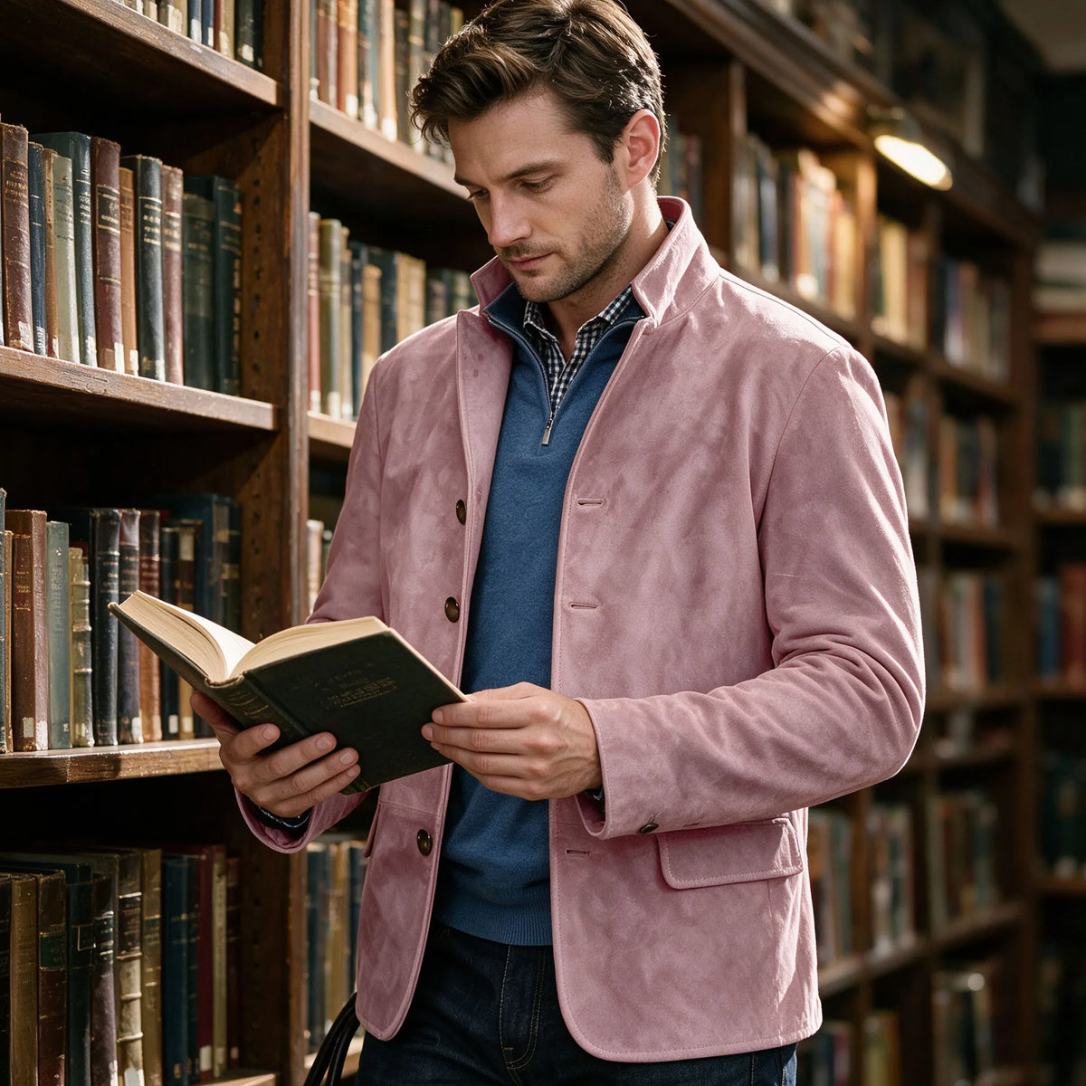 Men's Suede Blazer Single Breasted Slim Fit Classic Stand Collar Suit Jacket for Weddings & Daily Wear