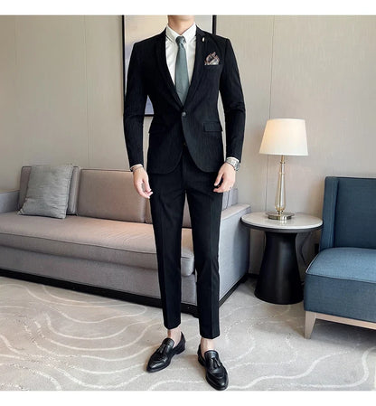7XL 6XL(Jacket+Pant）Fashion Striped Men Slim Fit Suit Groom Wedding Tuxedo Formal Business Party Slim Fit Social Stage Costume