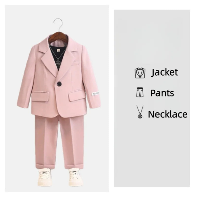Children's Spring Autumn Piano Host Performance Costume Flower Girl Wedding Dress Kids Jacket Pants Necklace 3Pieces Suit Set