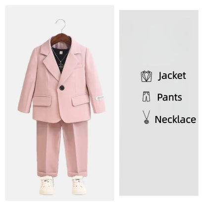 Children's Spring Autumn Piano Host Performance Costume Flower Girl Wedding Dress Kids Jacket Pants Necklace 3Pieces Suit Set