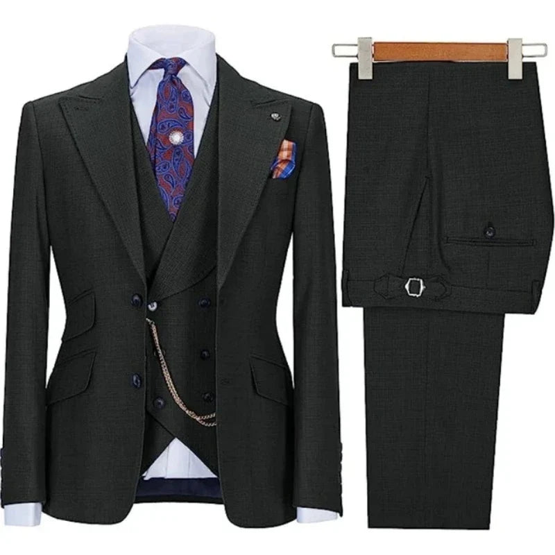 Men Suit Black 3 Pieces With Lapel Solid Color Business Casual For Wedding Groom Formal Work Tuxedo Jacket Vest With Pants