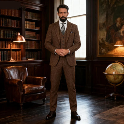 Men's Tweed Wool Slim Fit Formal 3-Piece Suit – Fishbone Weave, Wedding & Smoking Style