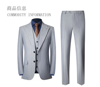 Men's Three-Piece Slim Fit Striped Suit – England Style, Wedding & Business, Dark Grey/Khaki