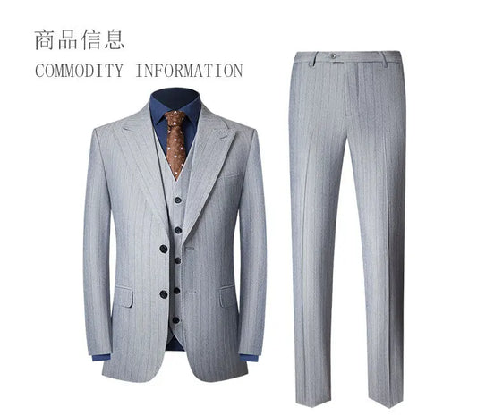 Men's Three-Piece Slim Fit Striped Suit – England Style, Wedding & Business, Dark Grey/Khaki
