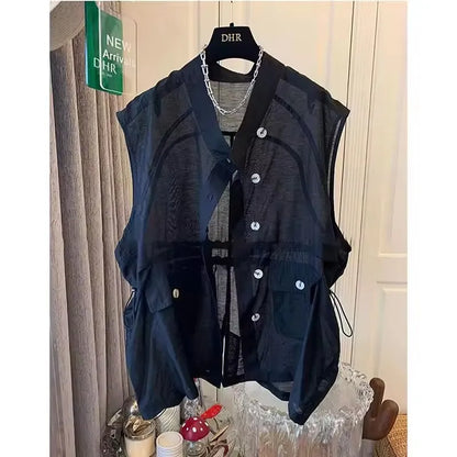 Summer Mid-Length Thin Vest Women Solid Casual V Neck Sleeveless Jackets 2025 Korean Loose Waistcoat Female Outwear