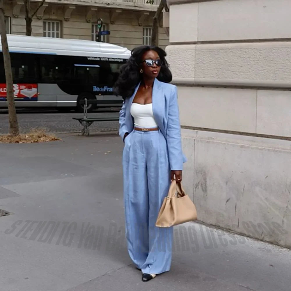 Blue Linen Women 2-Piece Suit Open Front Peak Lapel Blazer Wide Leg Pants Elegant Streetwear Casual Office Summer Outfit