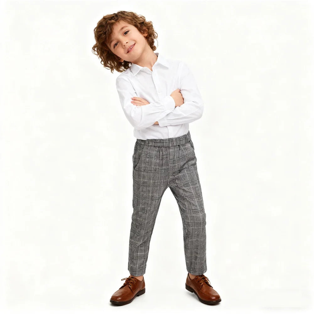Kids Suit Trousers Plaid Elastic Waist Smart Casual Pants for Boys and Girls