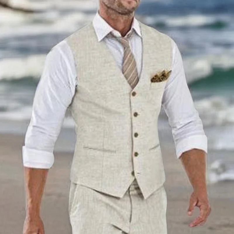 Men's Linen Suit Vest – Beige V-Neck Waistcoat for Wedding, Beach & Smart Casual Wear
