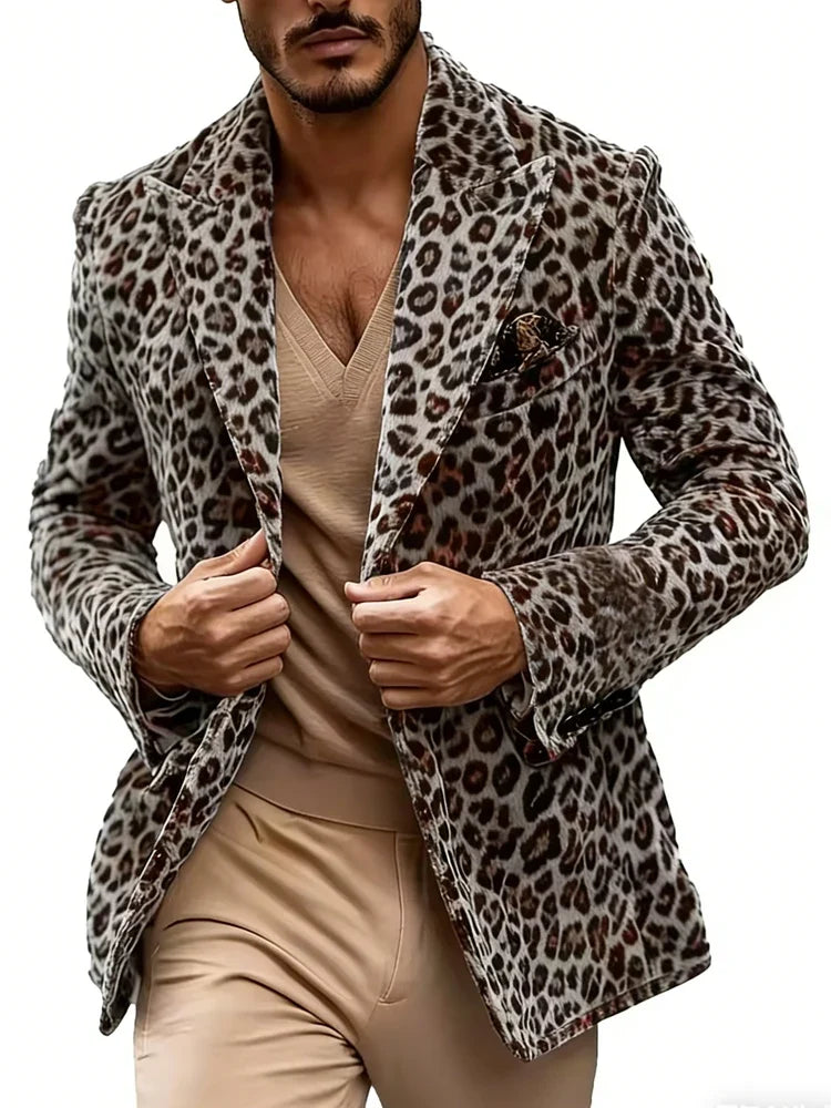 Men's Leopard Print Blazer Single Breasted Slim Fit Notch Lapel Tuxedo Jacket for Party and Prom