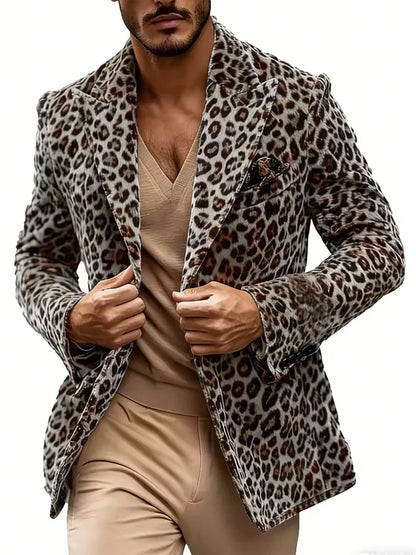 Men's Leopard Print Blazer Single Breasted Slim Fit Notch Lapel Tuxedo Jacket for Party and Prom