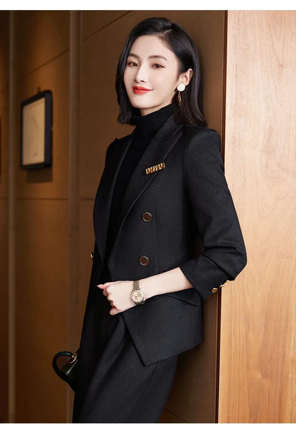 Elegant Women's Double Breasted Blazer Pants Set 2025 Autumn Winter Fashion Office Work Outfit Lady Matching Set Trousers Jacket
