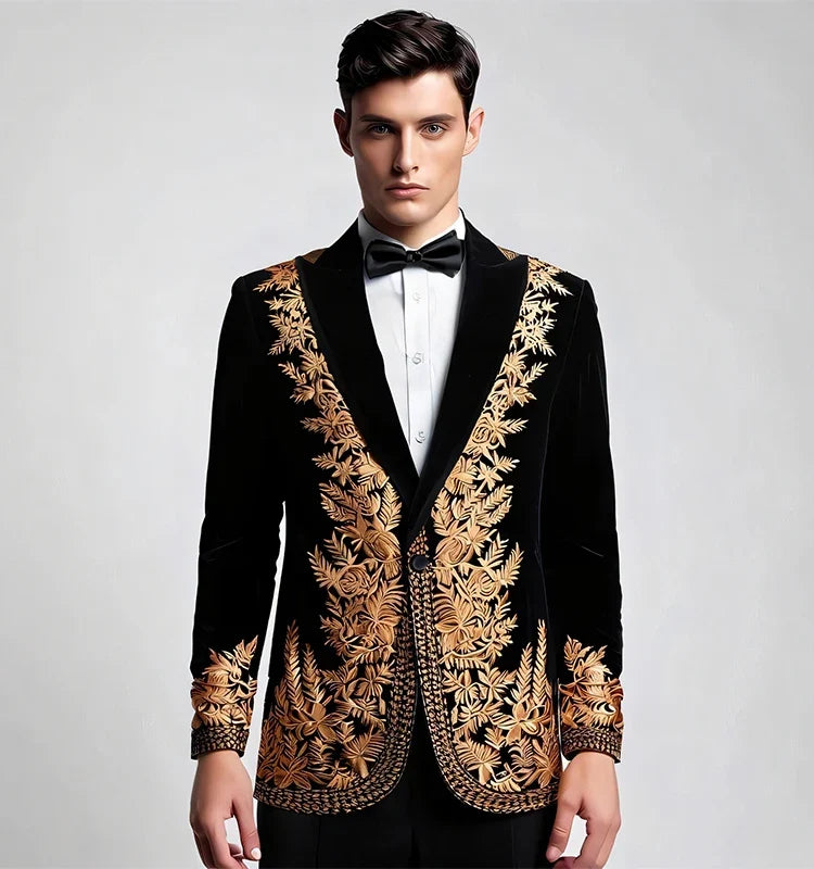 Customied Embroidery Groom Wedding Men's Suit Jackets Black Velvet Slim Fit Stylish Handsome Formal Blazers Banquet Prom Tuxedo