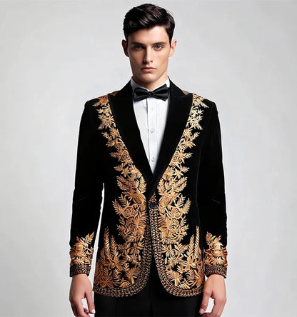 Customied Embroidery Groom Wedding Men's Suit Jackets Black Velvet Slim Fit Stylish Handsome Formal Blazers Banquet Prom Tuxedo