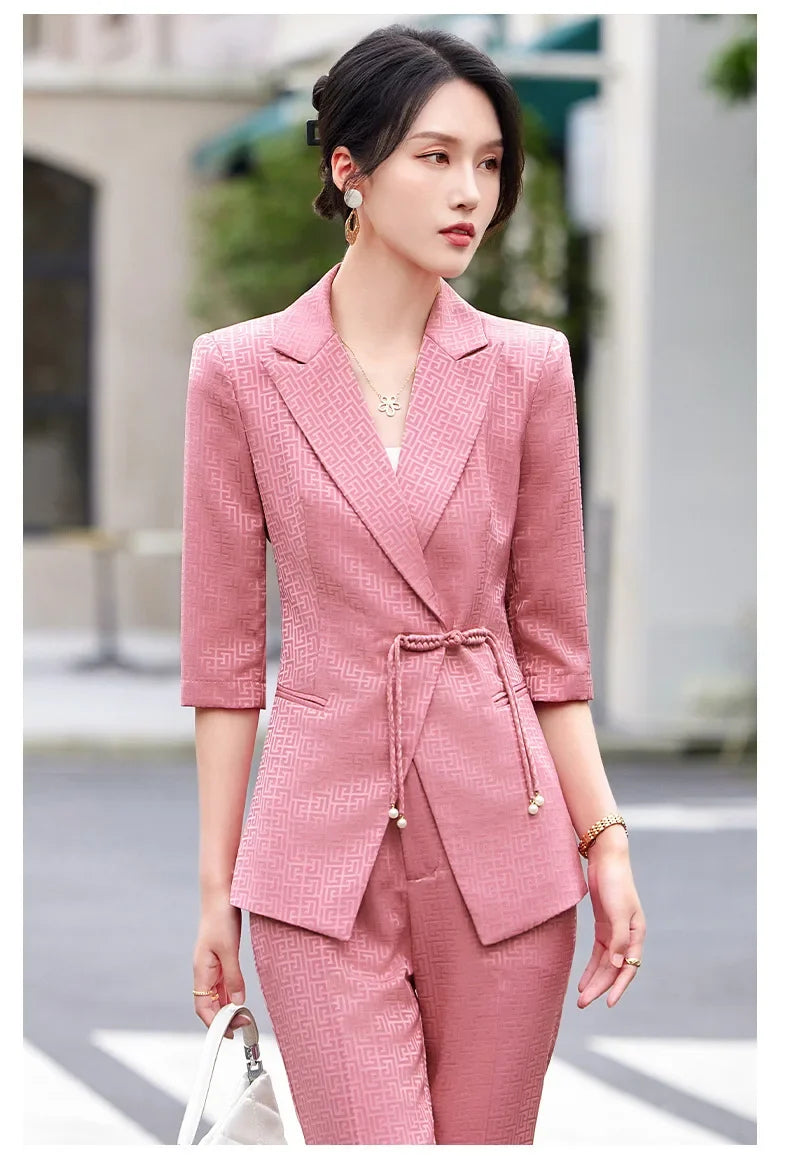 Chinese style Spring Summer Women Elegant Office Work Three Quarter Blazer Tops And Flare Pant Fashion Oversize Two Piece Suits
