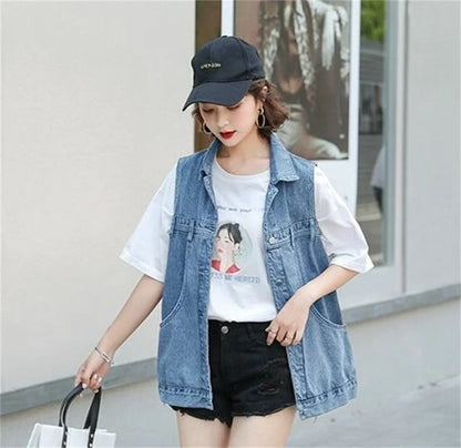 2025 Spring Summer new Fashion V-Neck Denim Vest Women Short Sleeveless Jacket Casual Single-Breasted Jean Waistcoat Female